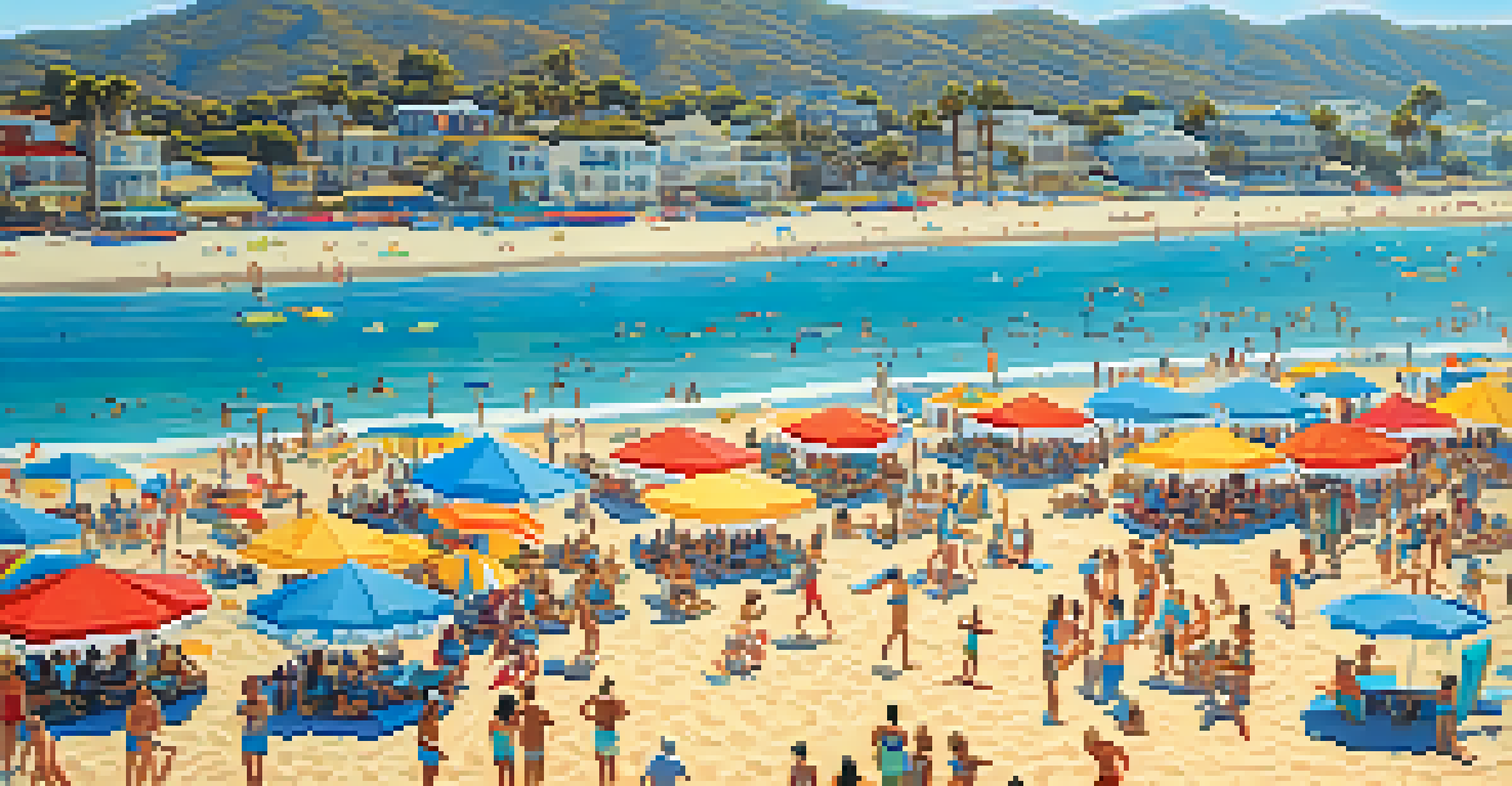 An aerial view of Malibu beach with multiple beach volleyball courts and colorful beach umbrellas.