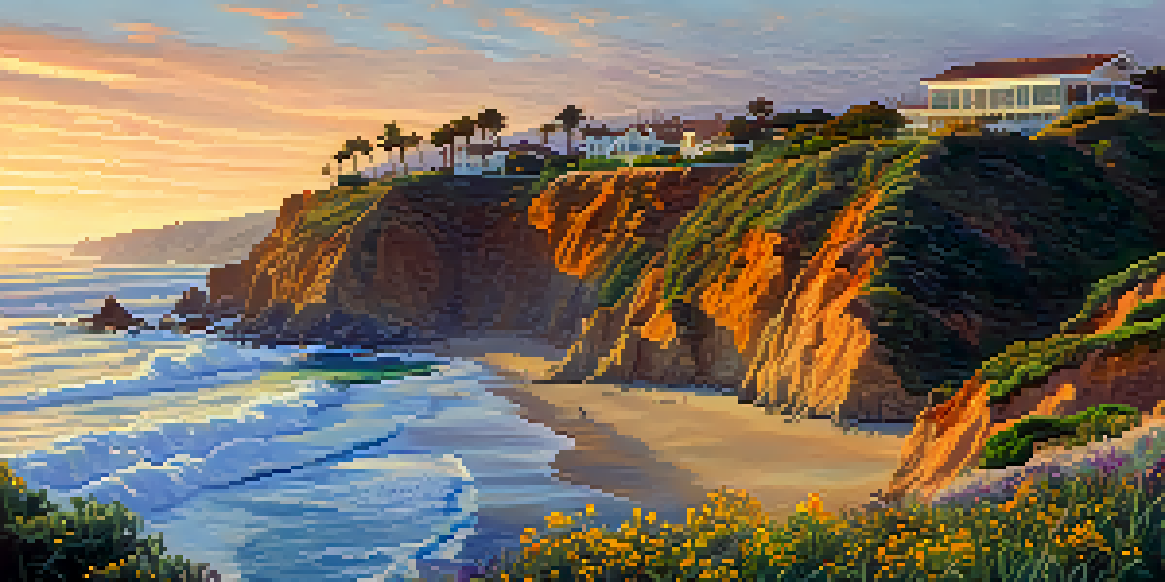A scenic sunset view of Point Dume State Beach with cliffs and ocean waves, featuring surfers and seabirds.