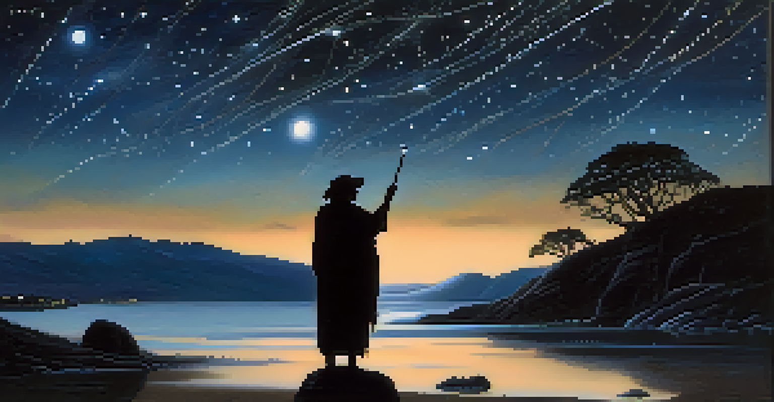 An elder pointing at a starry night sky filled with constellations, symbolizing ancestral connections.