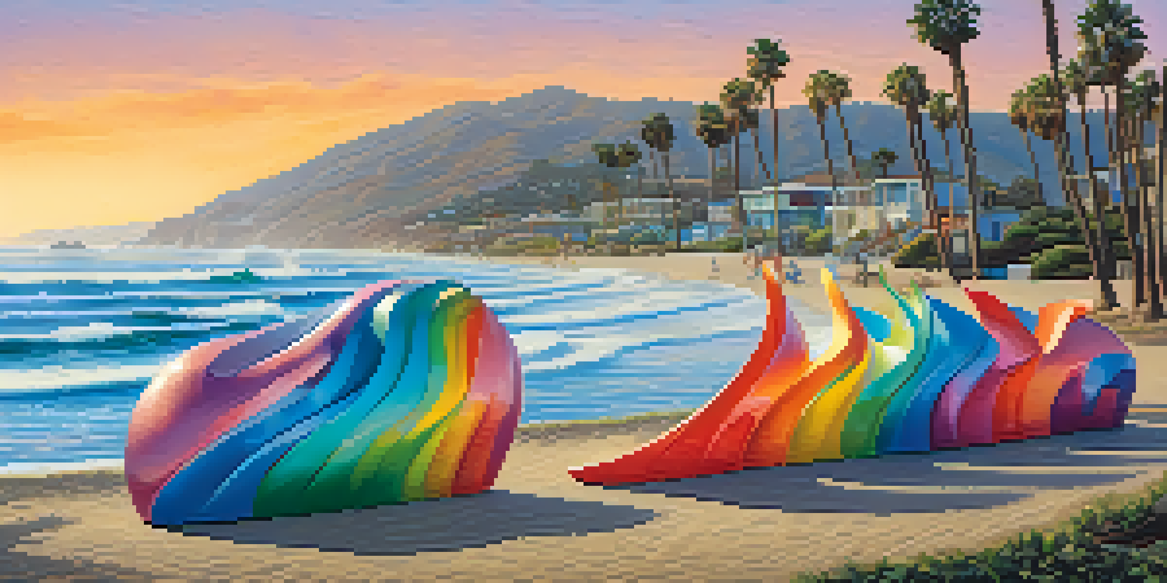 A colorful outdoor art installation in Malibu with ocean-inspired sculptures and the Pacific Ocean in the background, with people appreciating the art.