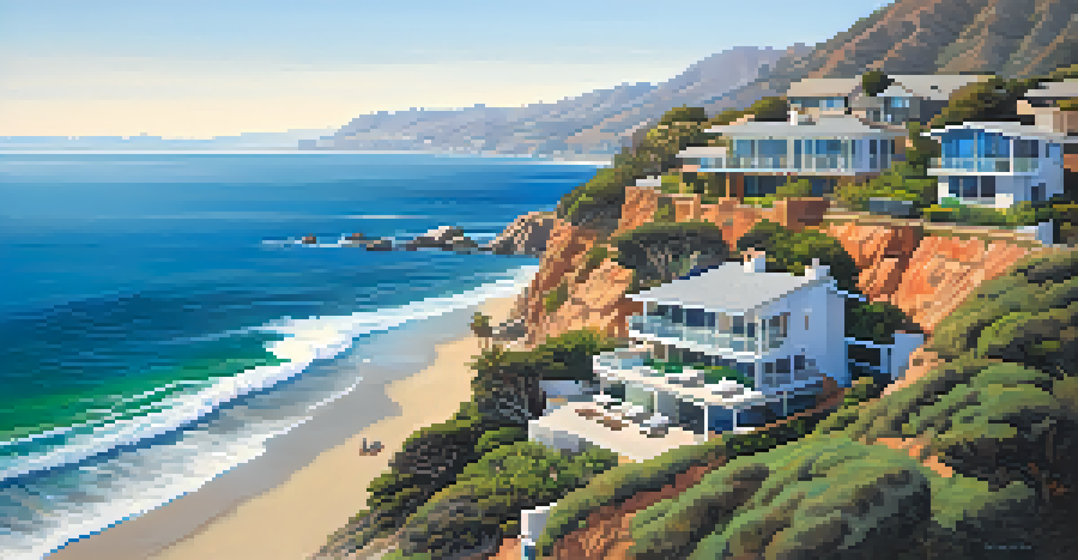An aerial view of Malibu's coastline with contemporary homes and blue waters, highlighting sustainability.