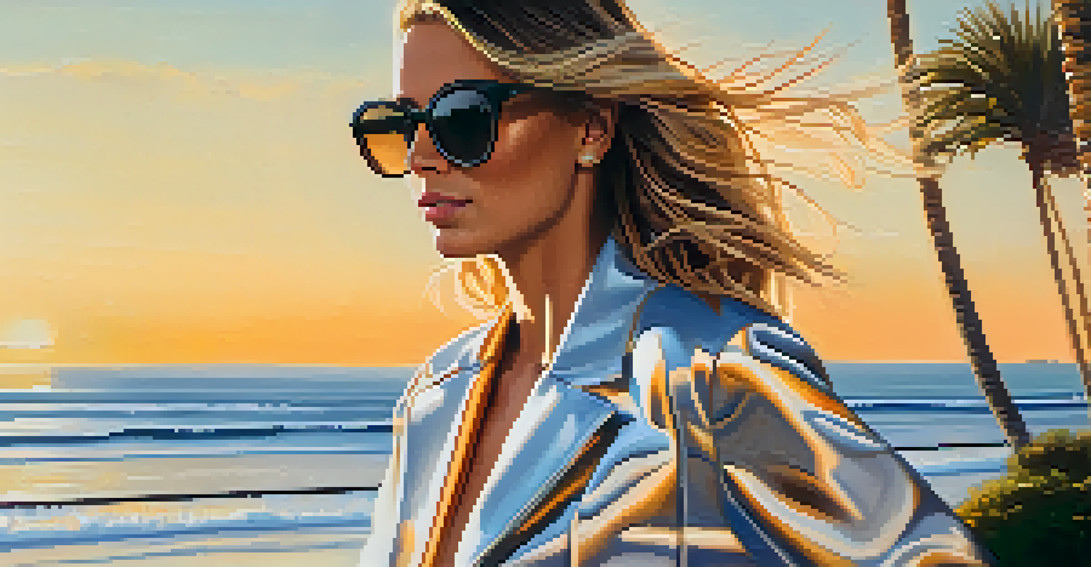 A close-up of a person in oversized sunglasses and athleisure clothing, with the ocean and sunset in the background, emphasizing a stylish yet comfortable look.