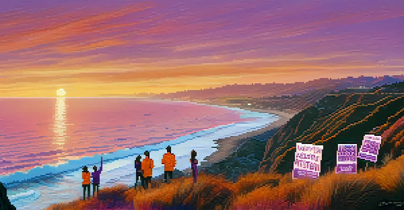 Silhouettes of activists standing on a cliff at sunset, holding signs for environmental protection in Malibu.