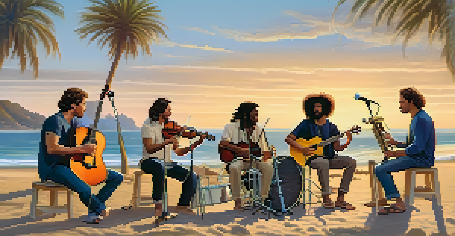 Diverse musicians jamming on Malibu beach during golden hour with palm trees behind them.
