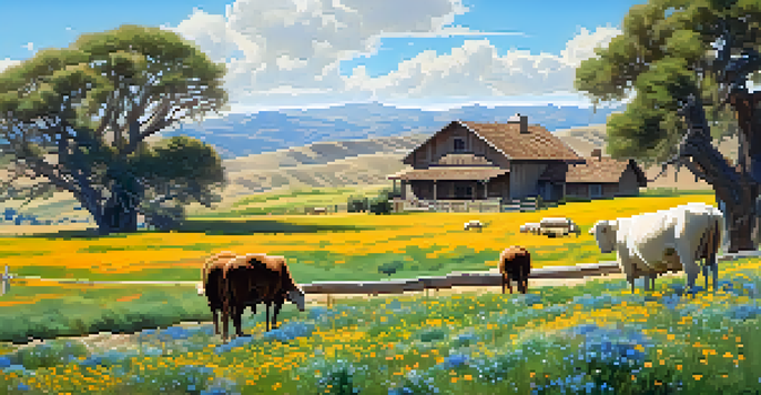 A panoramic view of a traditional ranch in early California, with grazing cattle, a Spanish-style adobe house, and a backdrop of rolling hills under a bright sky.