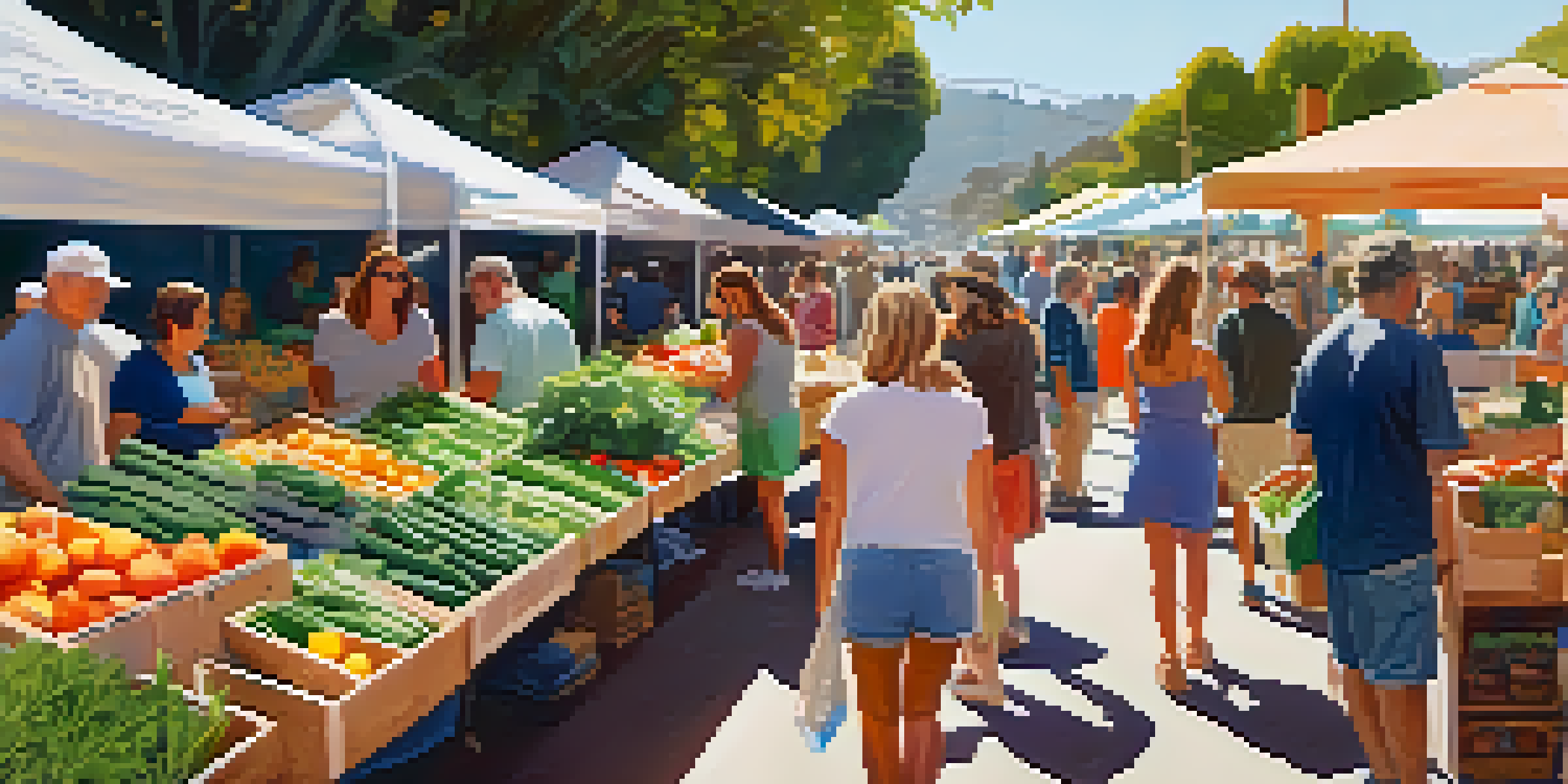 A bustling farmers' market in Malibu with colorful produce and community members using reusable bags.