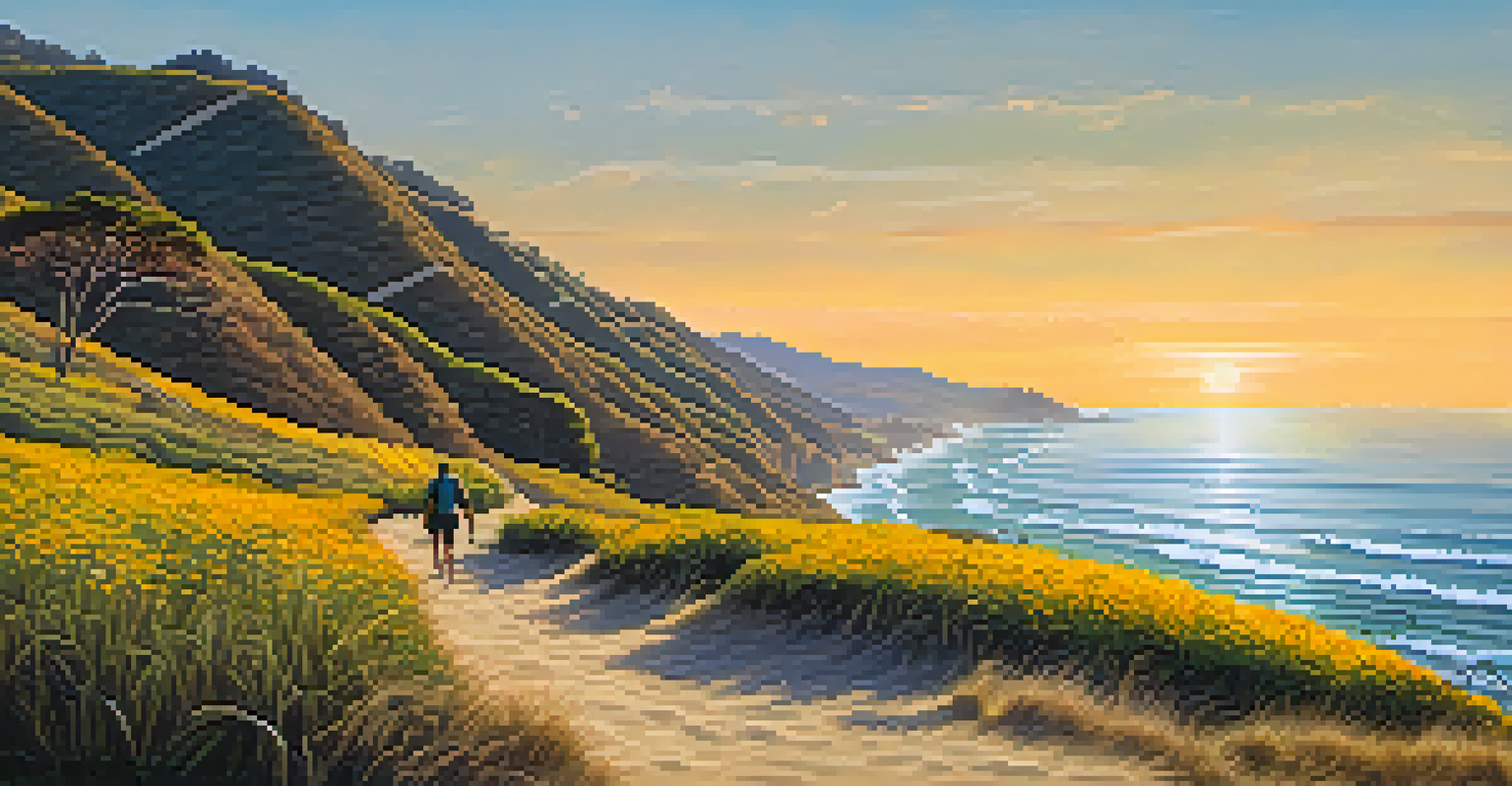 A digital nomad stretching on a hiking trail in Malibu, with ocean views and wildflowers around.