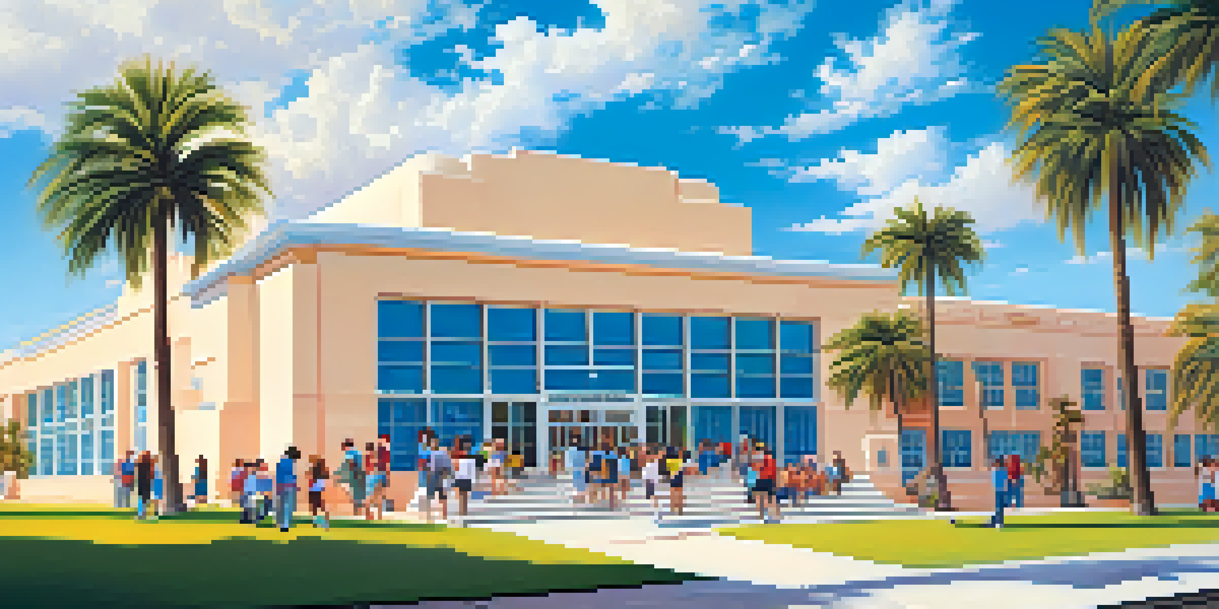 A vibrant scene of Malibu High School with students enjoying outdoor activities, surrounded by palm trees and the ocean under a bright blue sky.