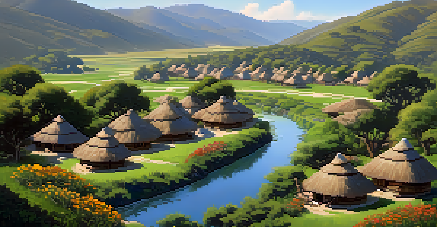 Aerial view of a traditional Chumash village with thatched-roof huts in a lush green landscape with a flowing river.