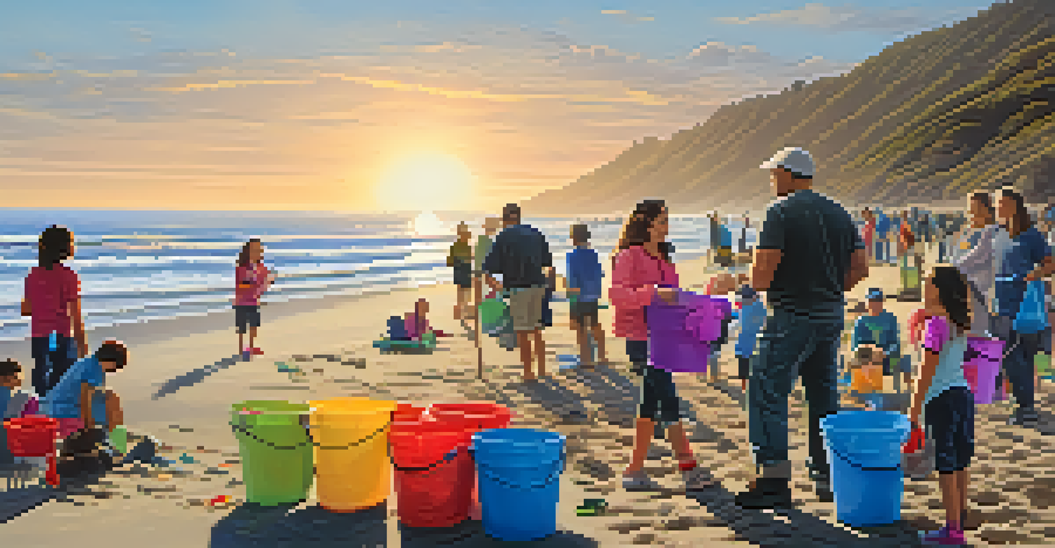 Families participating in a beach clean-up event in Malibu at sunset, collecting litter along the shoreline.