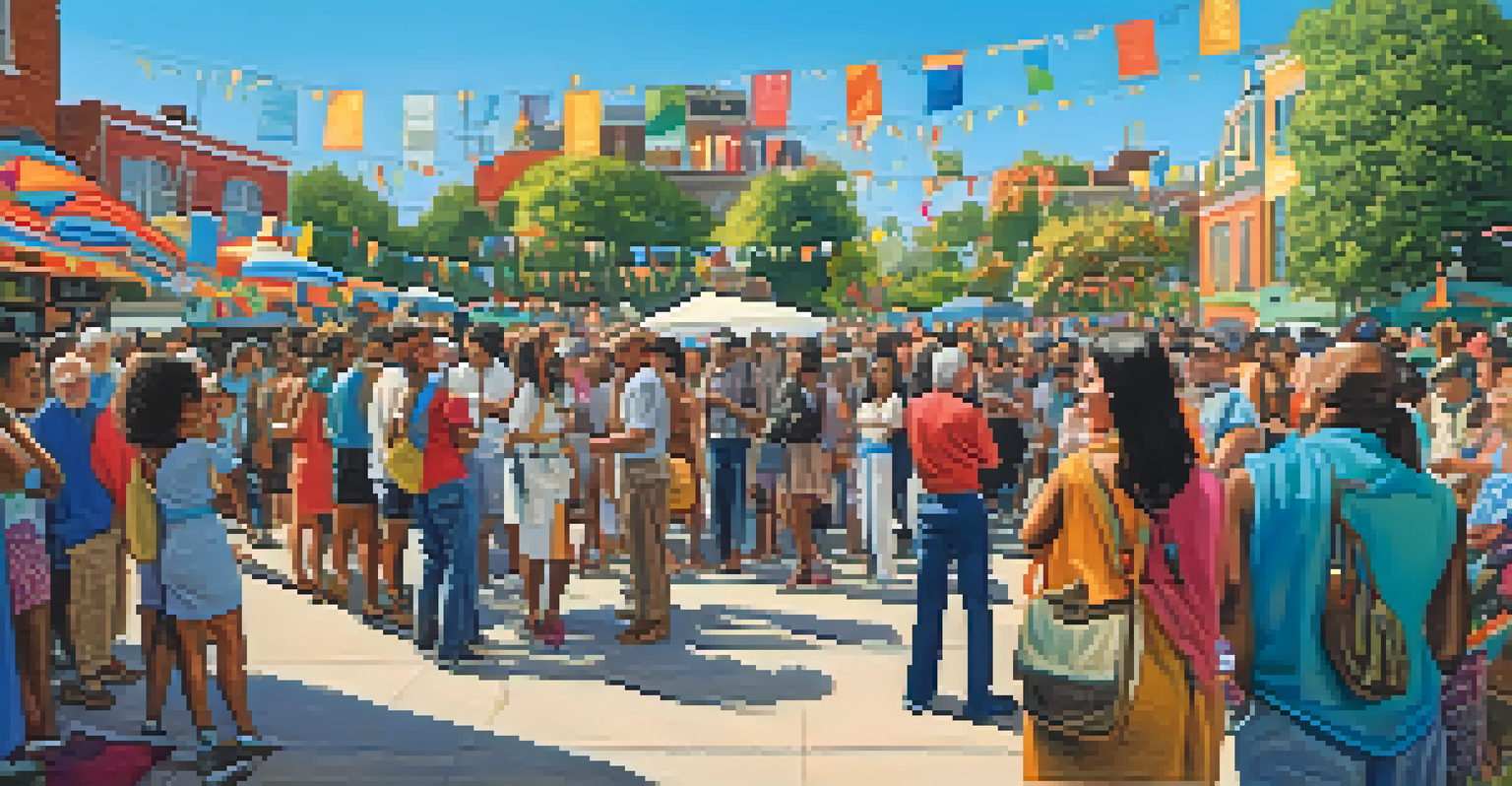 A community gathering in front of an art installation in Malibu, with people of diverse backgrounds engaging in conversation.