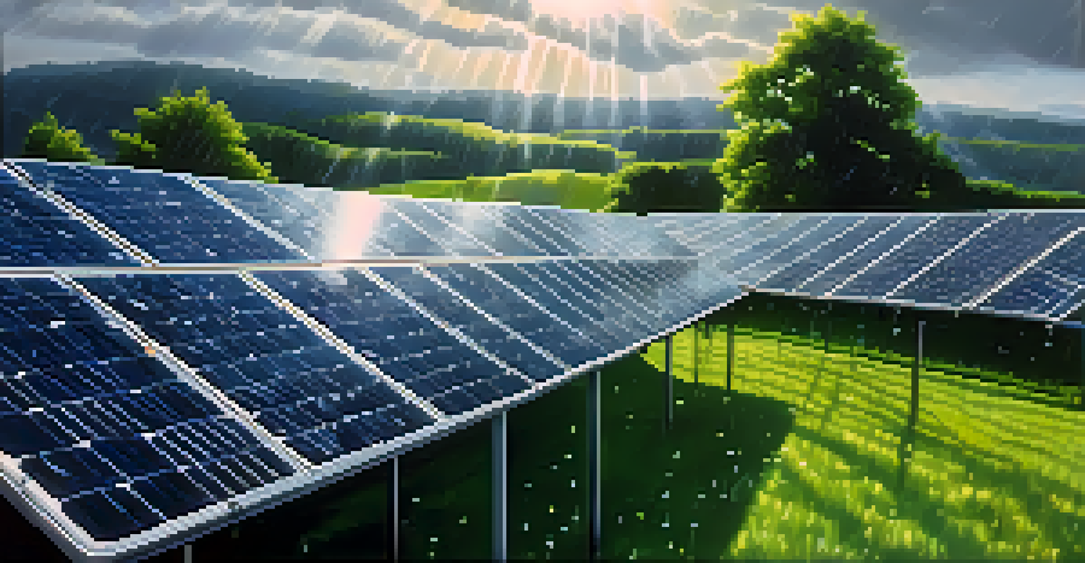 Close-up of solar panels with raindrops, surrounded by a vibrant green landscape, illuminated by sunlight.
