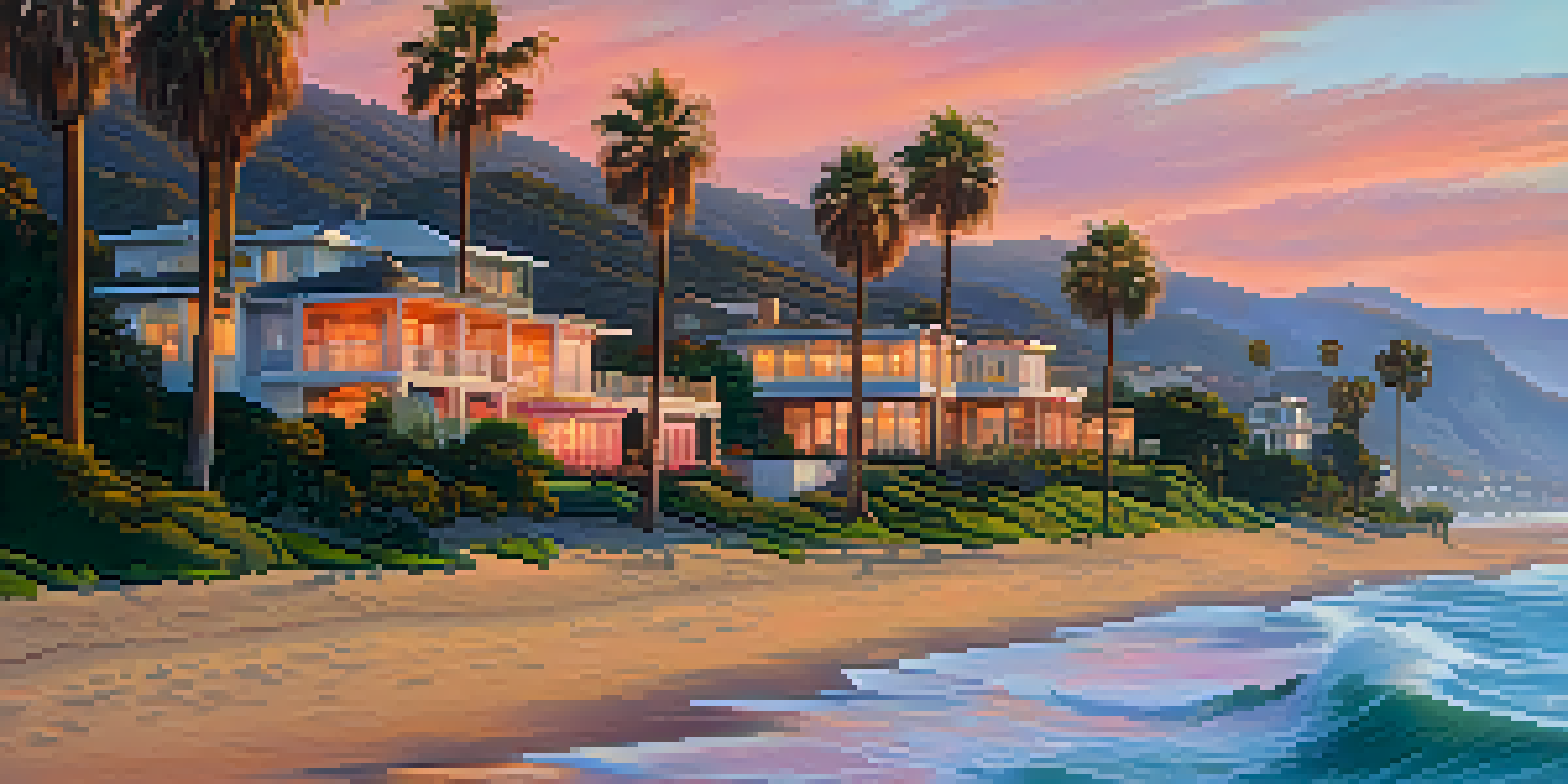 A scenic Malibu coastline at sunset with palm trees and luxury homes in the background.