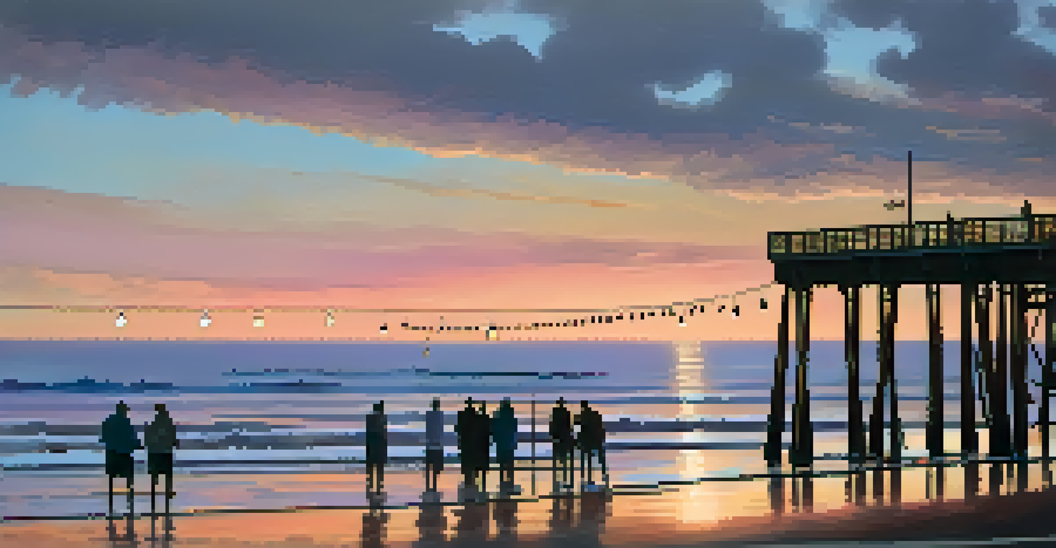 Twilight view of Malibu Pier with fishermen and families, and colorful sky reflections on the ocean.