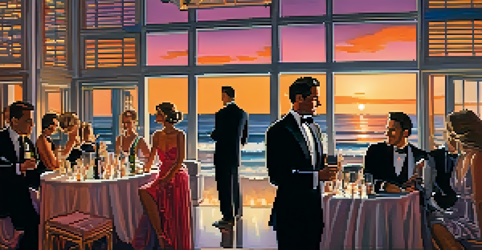 Elegant nightclub setting at Shutters on the Beach with guests enjoying drinks and a sunset view.