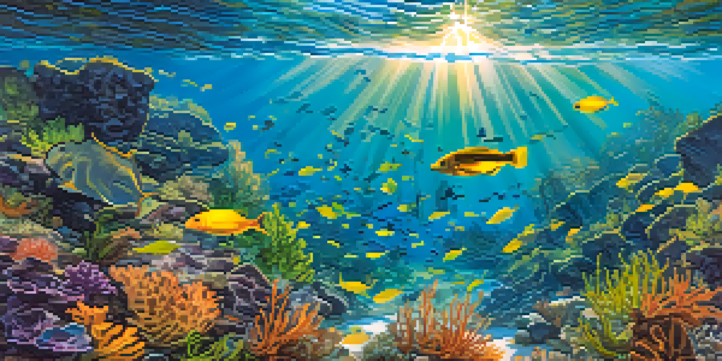 An underwater view of a kelp forest filled with colorful fish, with sunlight creating patterns on the ocean floor.