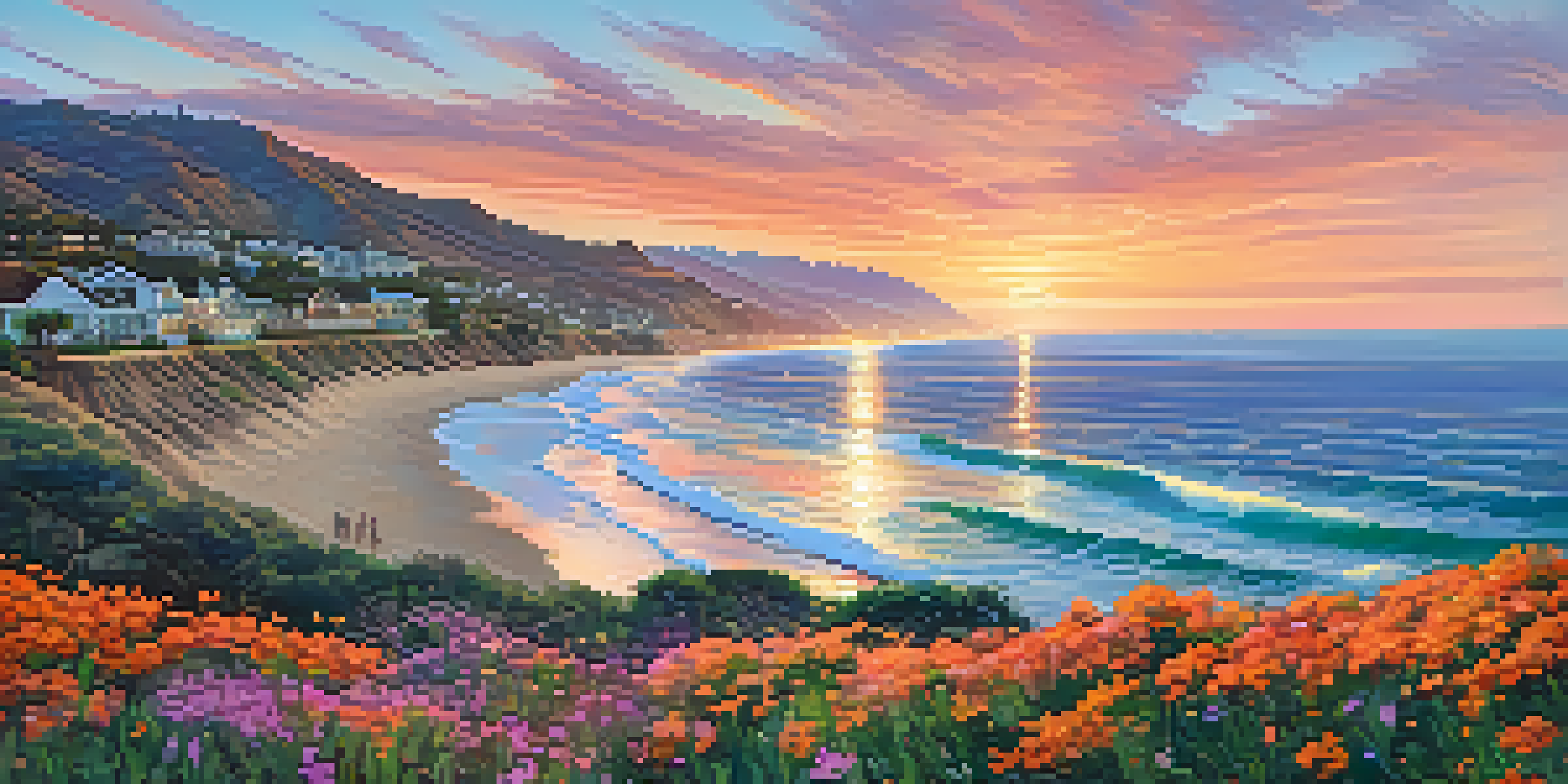 A stunning sunset over Malibu's coastline, with colorful skies and waves, green cliffs, and surfers.