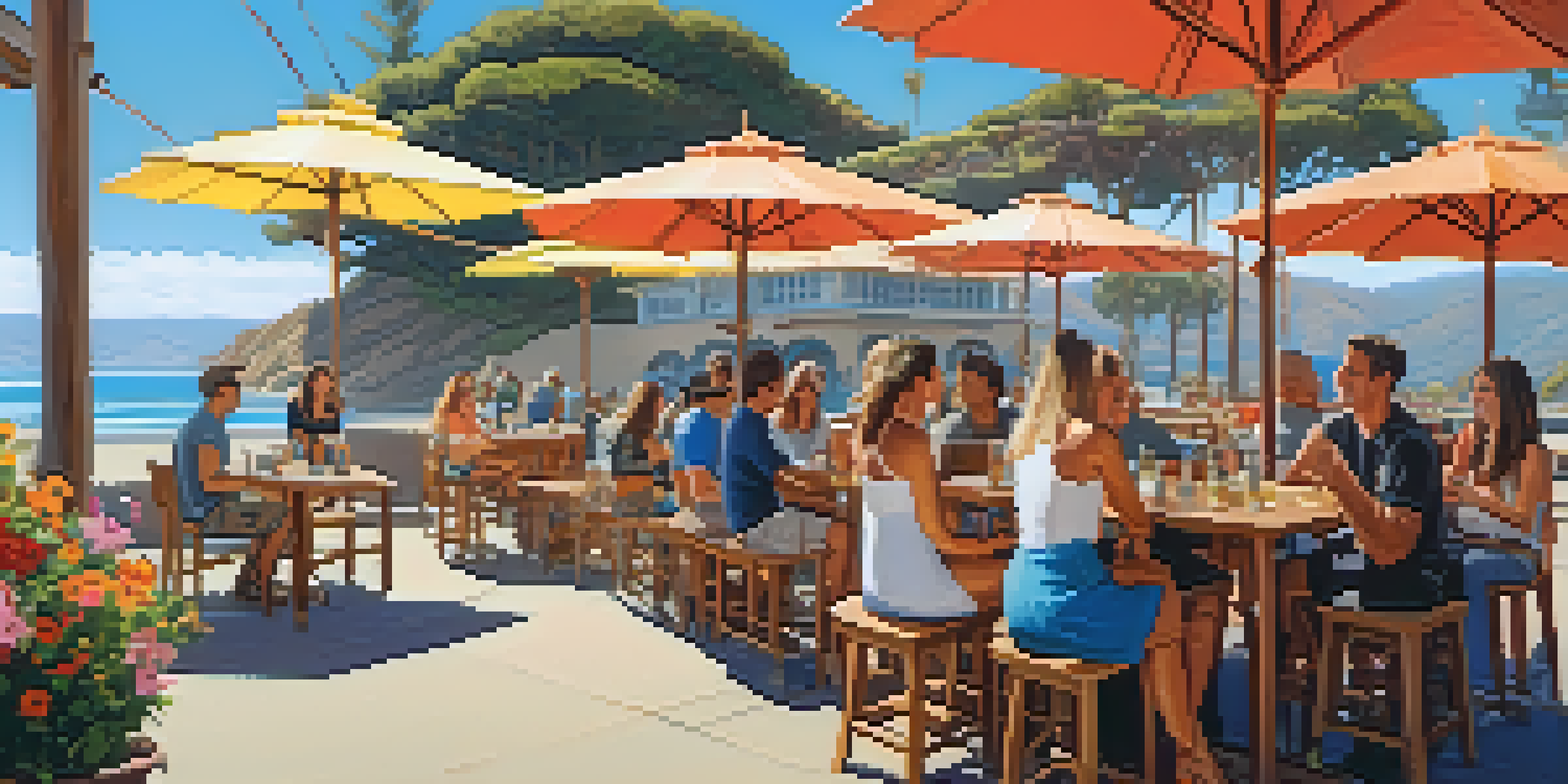 An outdoor patio of a craft brewery with wooden tables, colorful umbrellas, and a view of the Pacific Ocean.