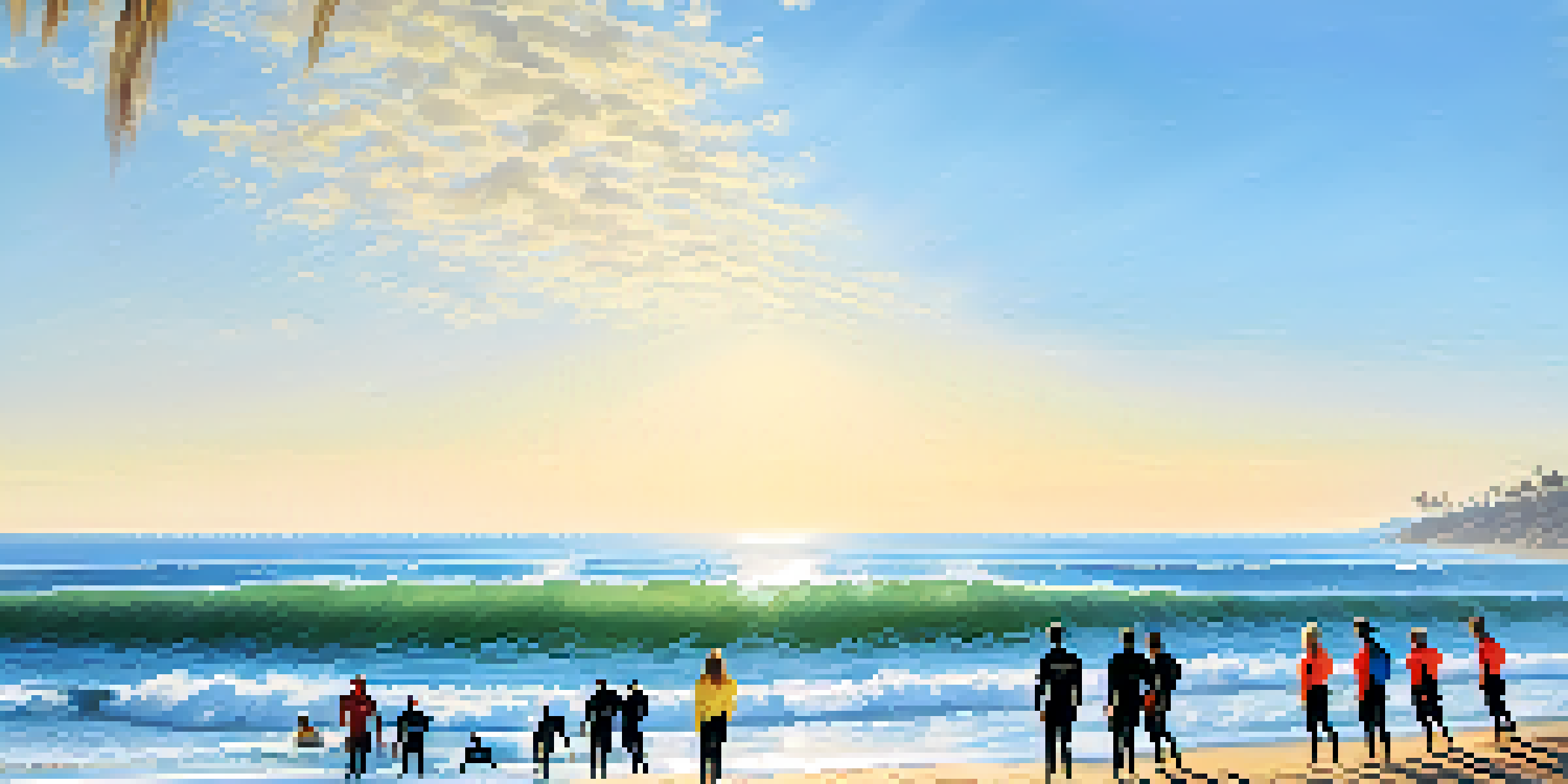 Surfers riding waves at Surfrider Beach in Malibu under a clear blue sky, with palm trees in the background.
