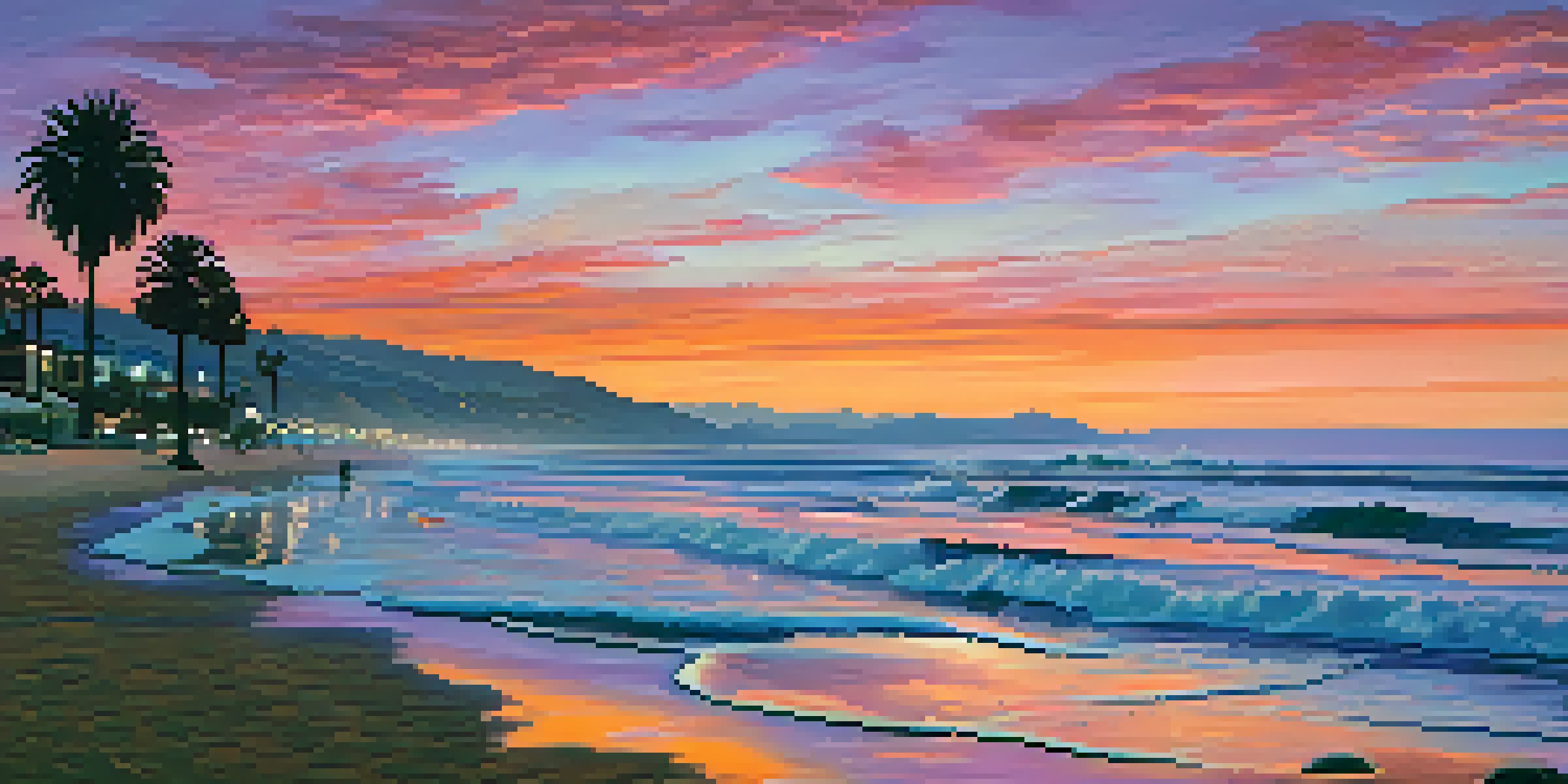 A beautiful sunset over Malibu Beach with surfers and palm trees.