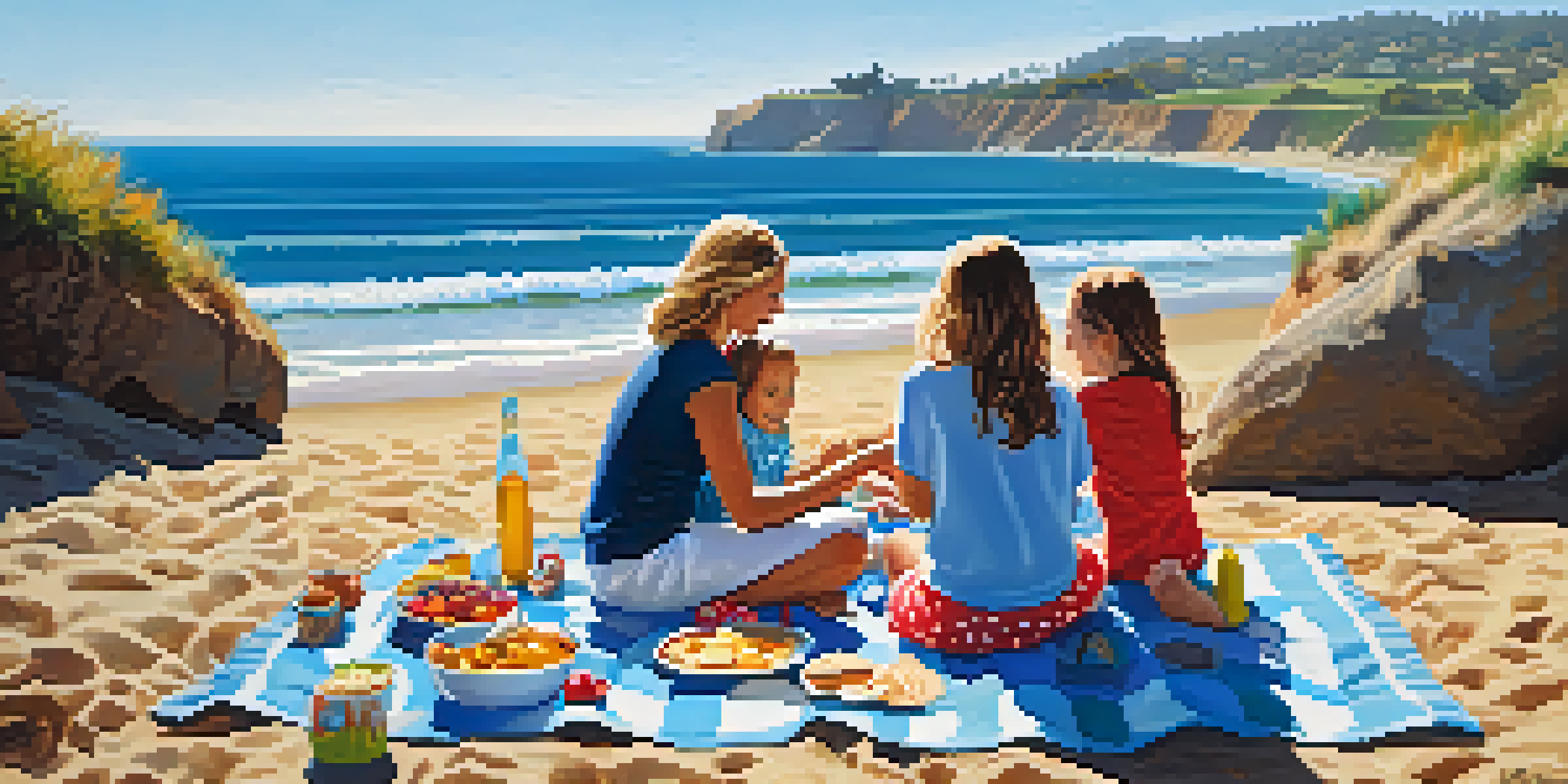 A family picnic on the beach with children playing in the waves and parents enjoying their meal.