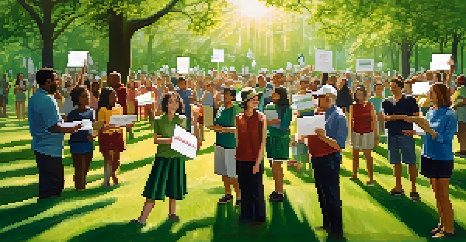 Activists in a park holding signs for environmental awareness, showcasing diversity and unity.