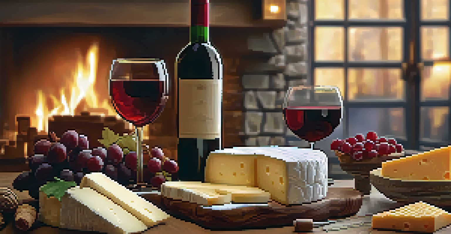 A warm indoor setting for a cheese and wine night with a board of cheeses and glasses of red wine by a fireplace.