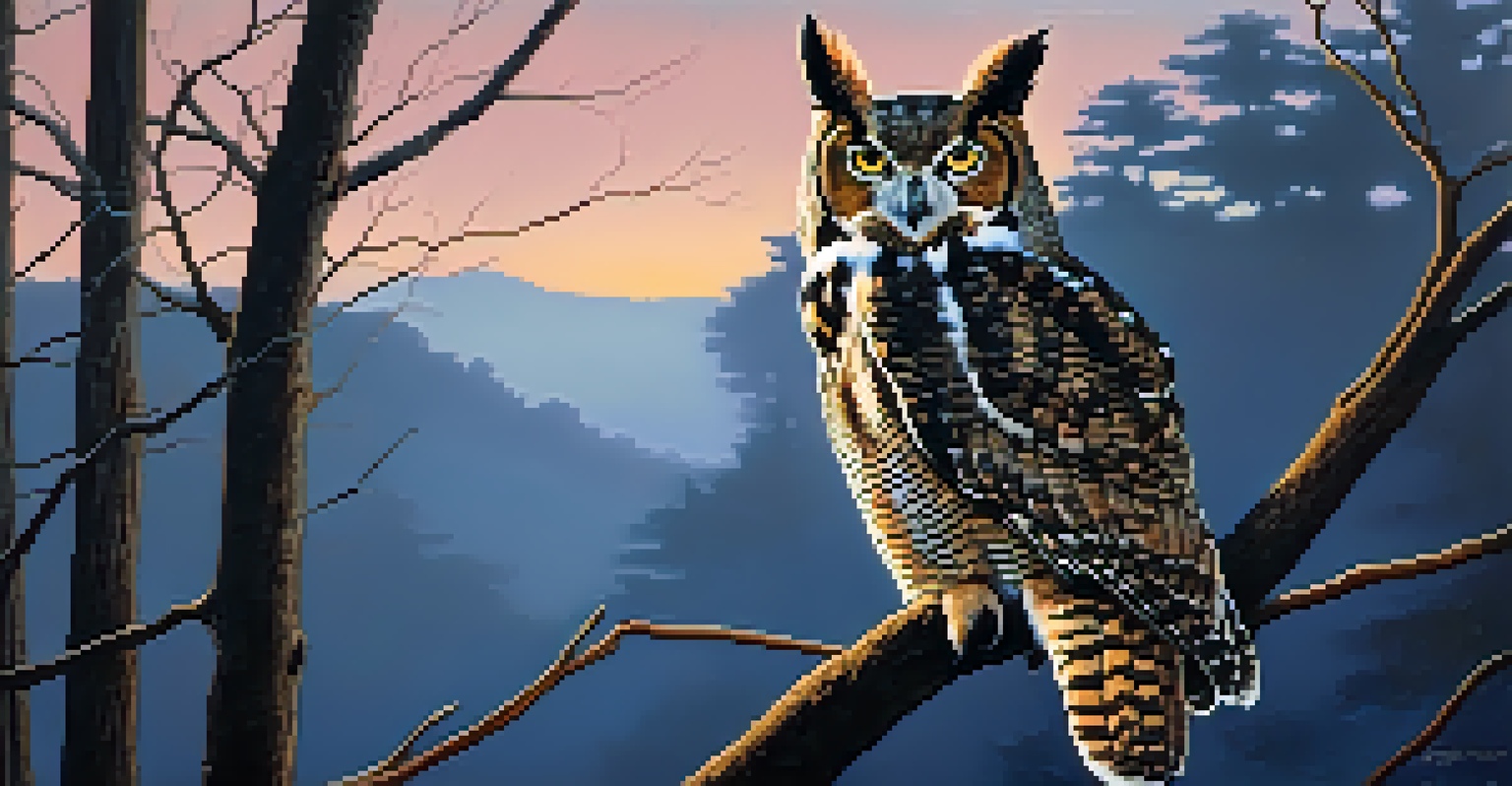 A Great Horned Owl sitting on a branch in the woods at dusk, with a darkening sky.