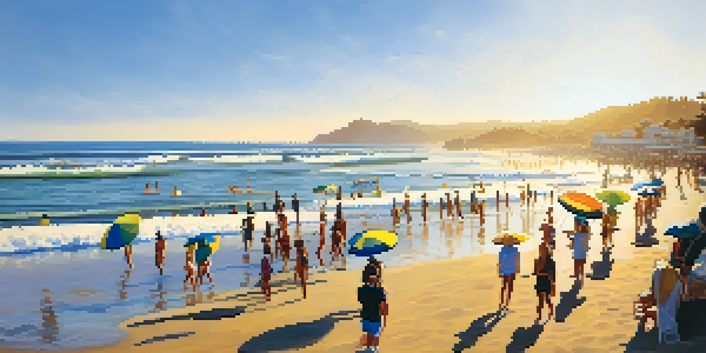 A lively beach scene in Malibu with surfers riding waves and spectators cheering on the shore.