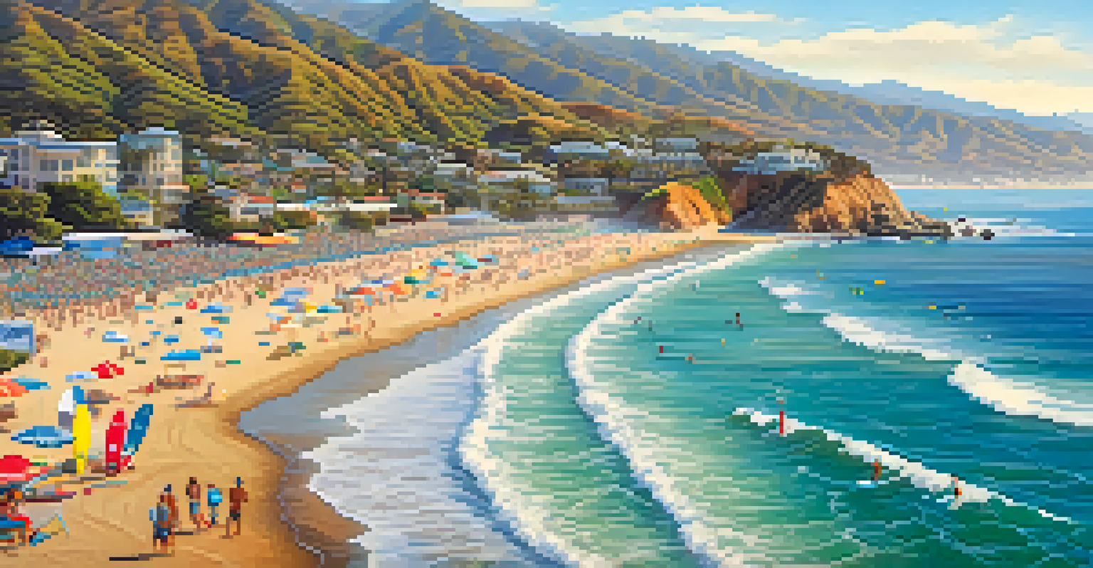 An aerial view of Malibu's coastline during a surf event with surfers and volunteers cleaning the beach.