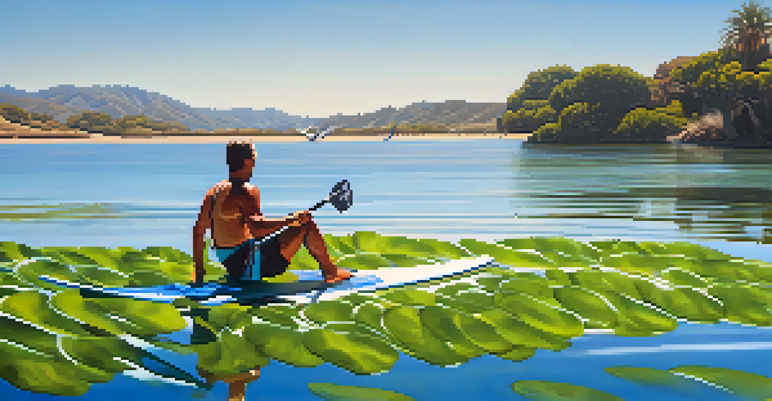 A paddleboarder relaxing on the water in Malibu Lagoon State Beach, with pelicans diving in the background and natural scenery surrounding them.