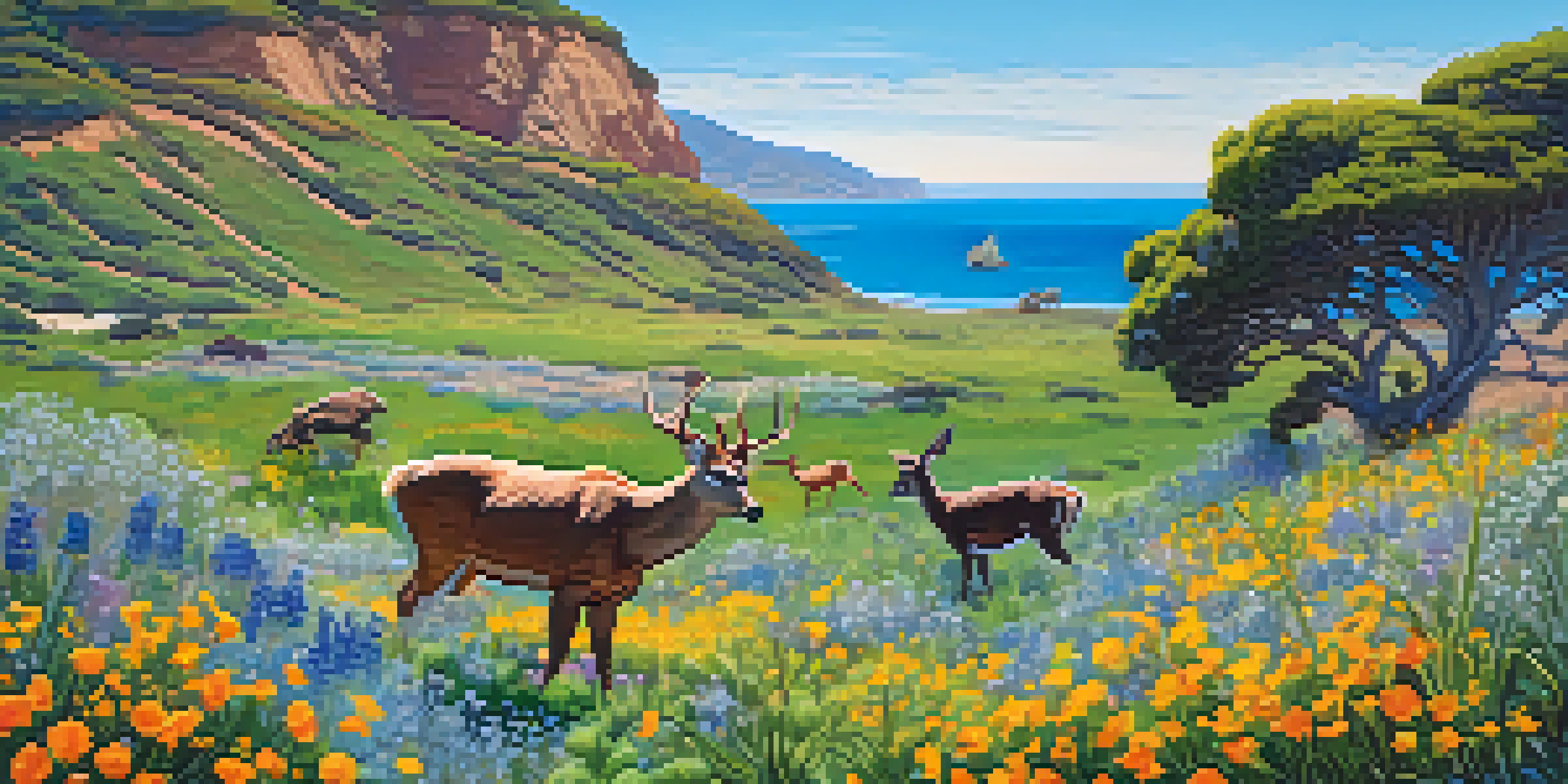 A colorful spring scene in Malibu with blooming wildflowers, deer, rabbits, and whales in the ocean.