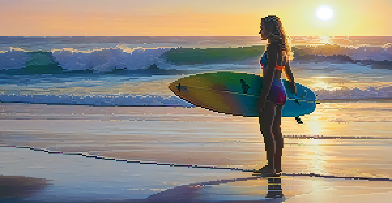 Close-up of a determined female surfer with her longboard on the beach at sunset.