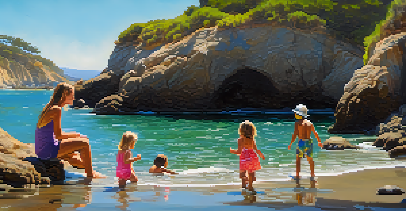 A family exploring a secluded cove in Malibu, looking into tide pools with a camera in hand.