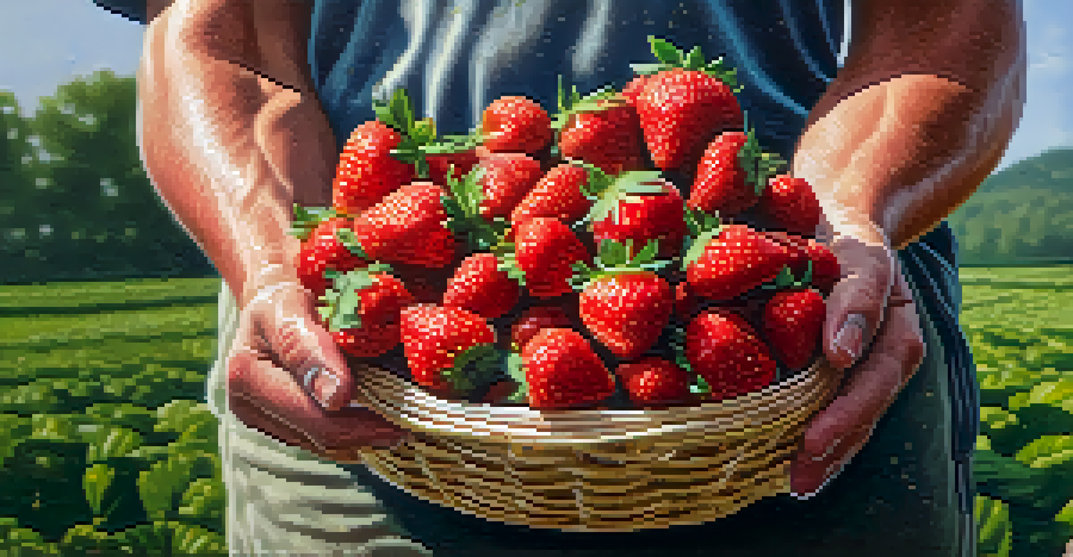 A close-up of a farmer's hands holding a basket of freshly picked strawberries with a blurred green background.