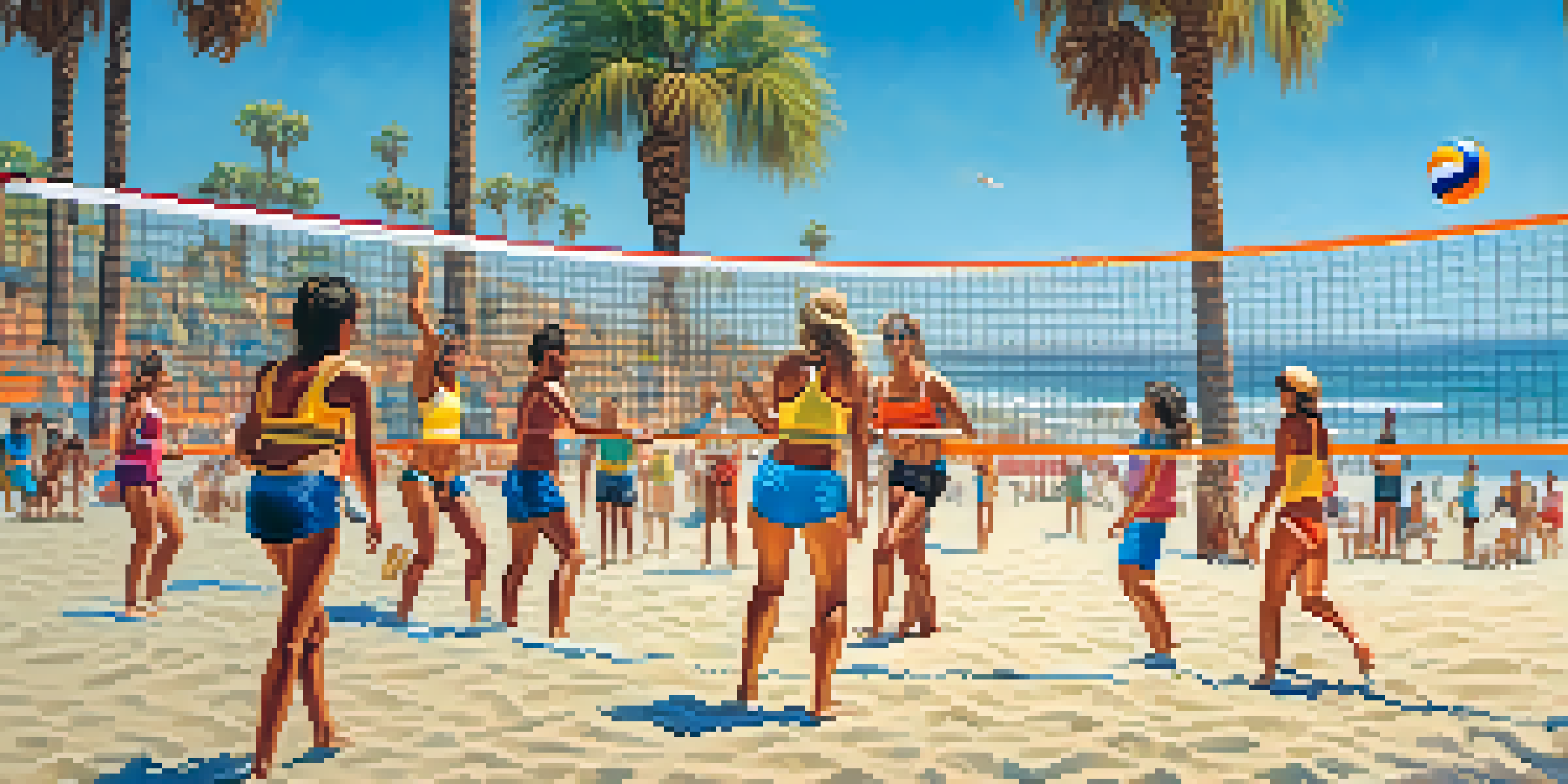 Friends playing beach volleyball on Zuma Beach with colorful clothing and a net, surrounded by palm trees.