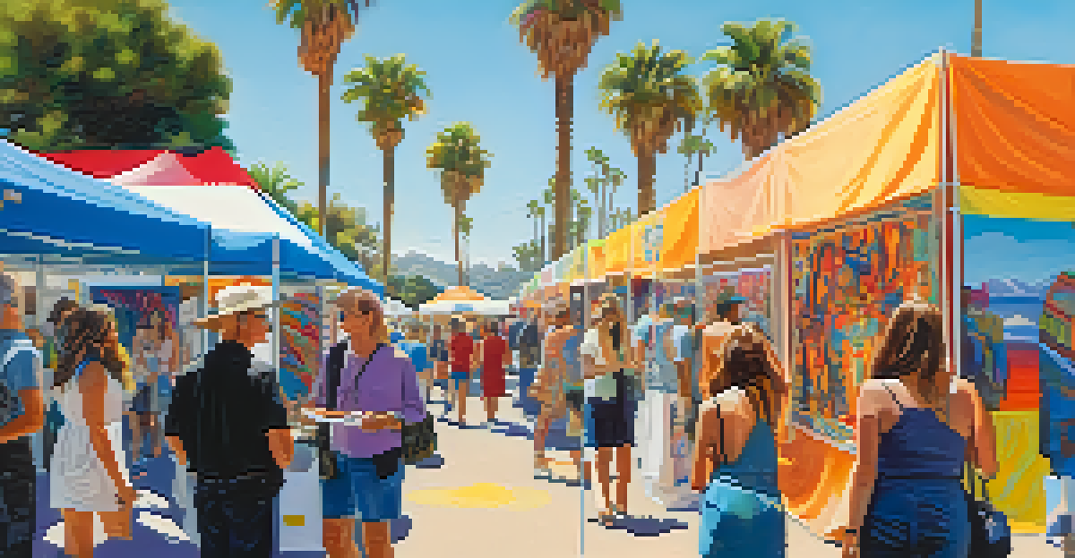 A lively art fair in Malibu, with visitors exploring colorful booths and artworks under a clear blue sky and swaying palm trees.