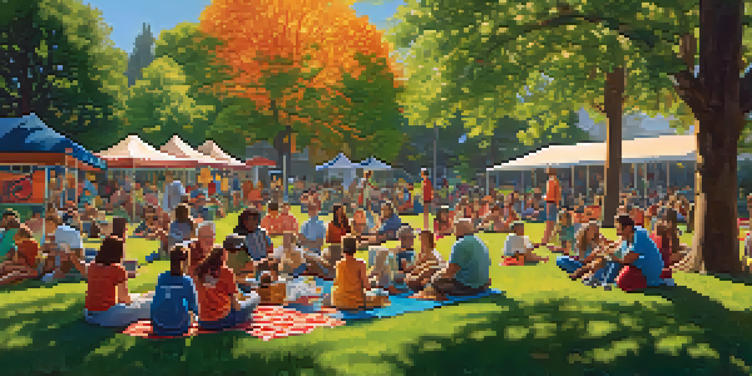 A colorful community gathering in a park focused on wildfire safety, with families and individuals discussing and sharing stories under a bright sun.
