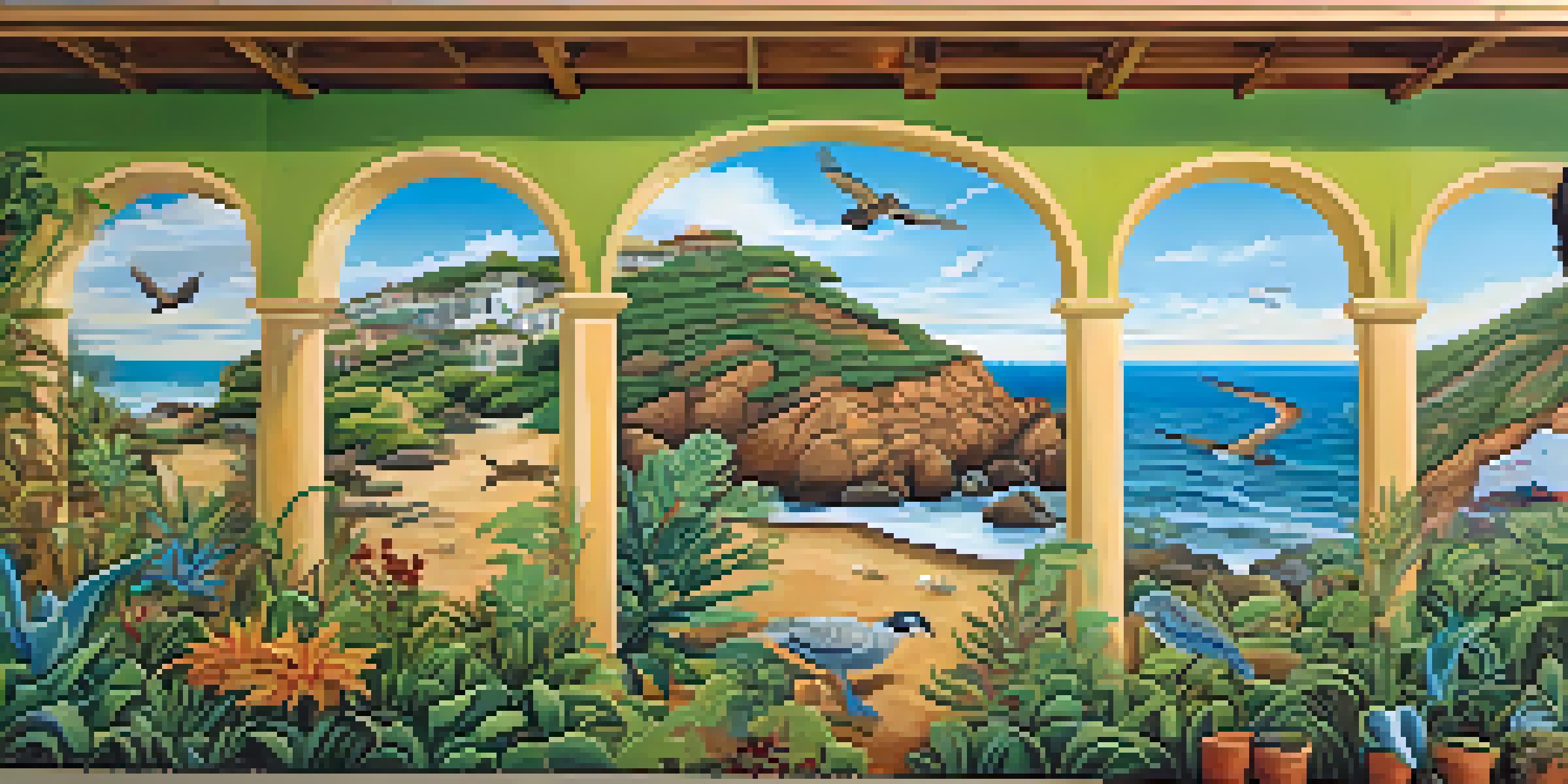 A colorful mural illustrating local wildlife and landscapes in Malibu, with animals like sea turtles and birds amidst a vibrant coastal backdrop.