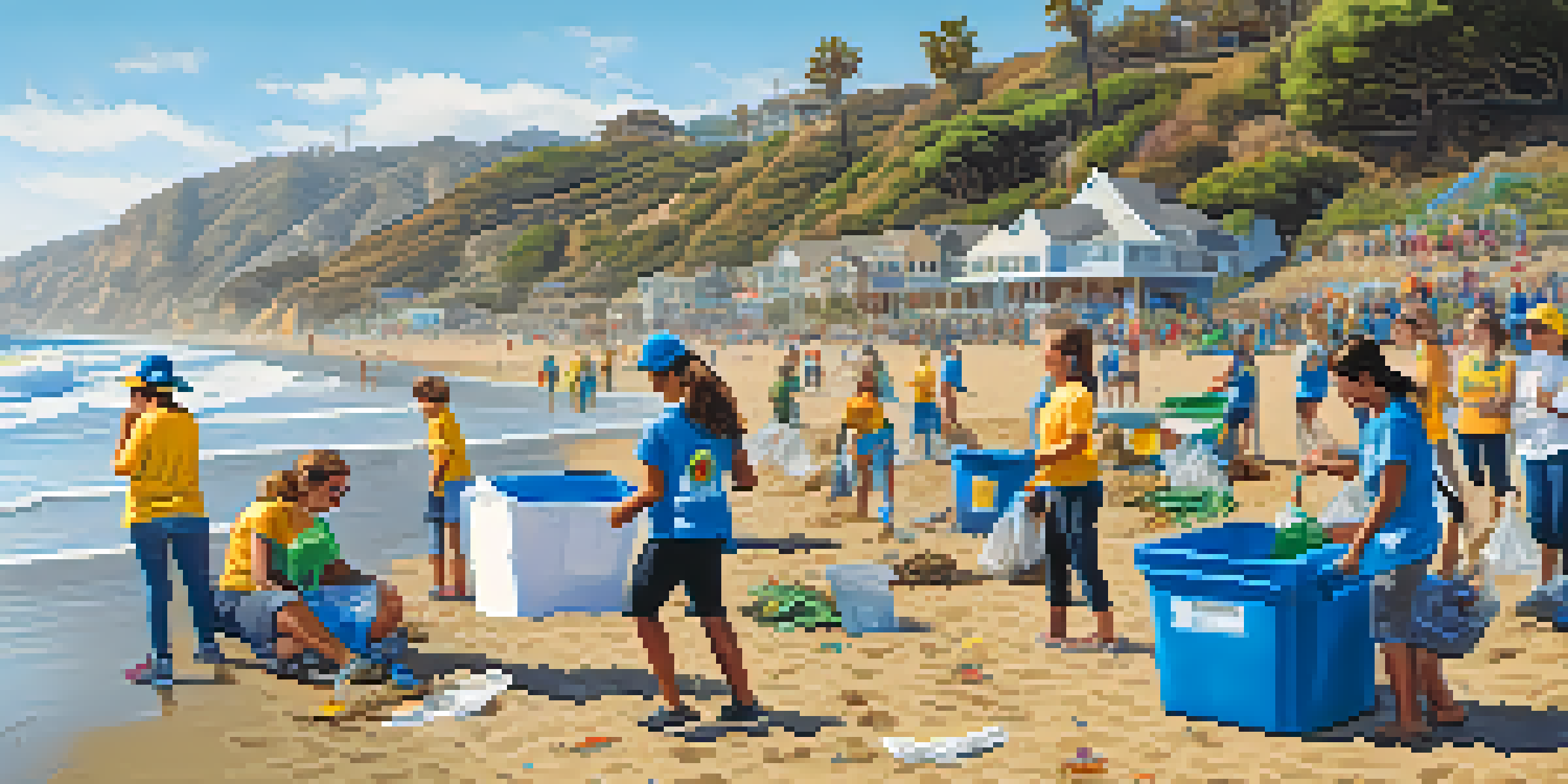 A diverse group of volunteers participating in a beach clean-up in Malibu, with the ocean and blue sky in the background.