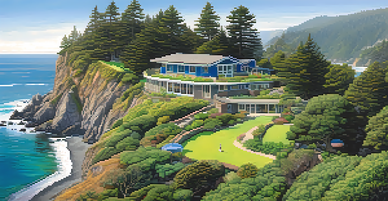 Aerial view of the Esalen Institute with its cliffside location and ocean views.