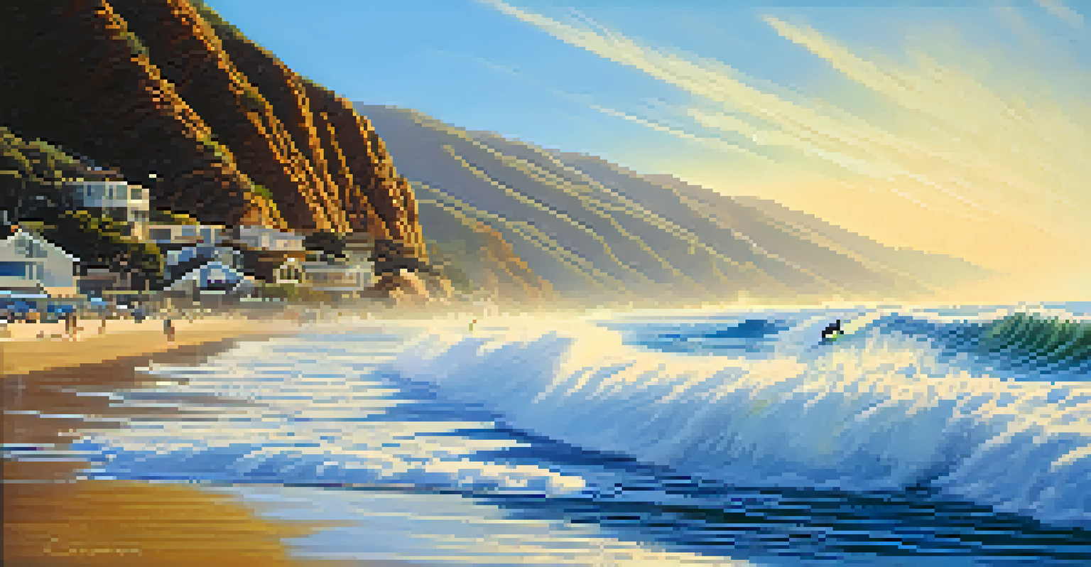 A surfer riding a wave in Malibu, with clear skies and sandy beaches in the background, showcasing the surf culture.