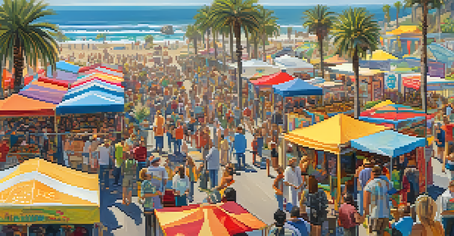 A lively outdoor art festival in Malibu with colorful installations, crowds, and food stalls.