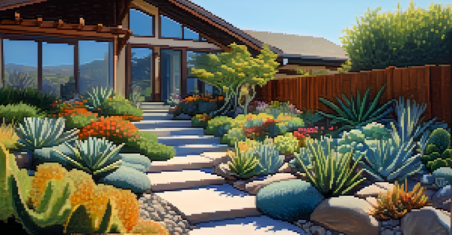 A close-up of fire-resistant landscaping in a Malibu yard, showcasing succulents, trimmed grass, and gravel pathways under soft sunlight.