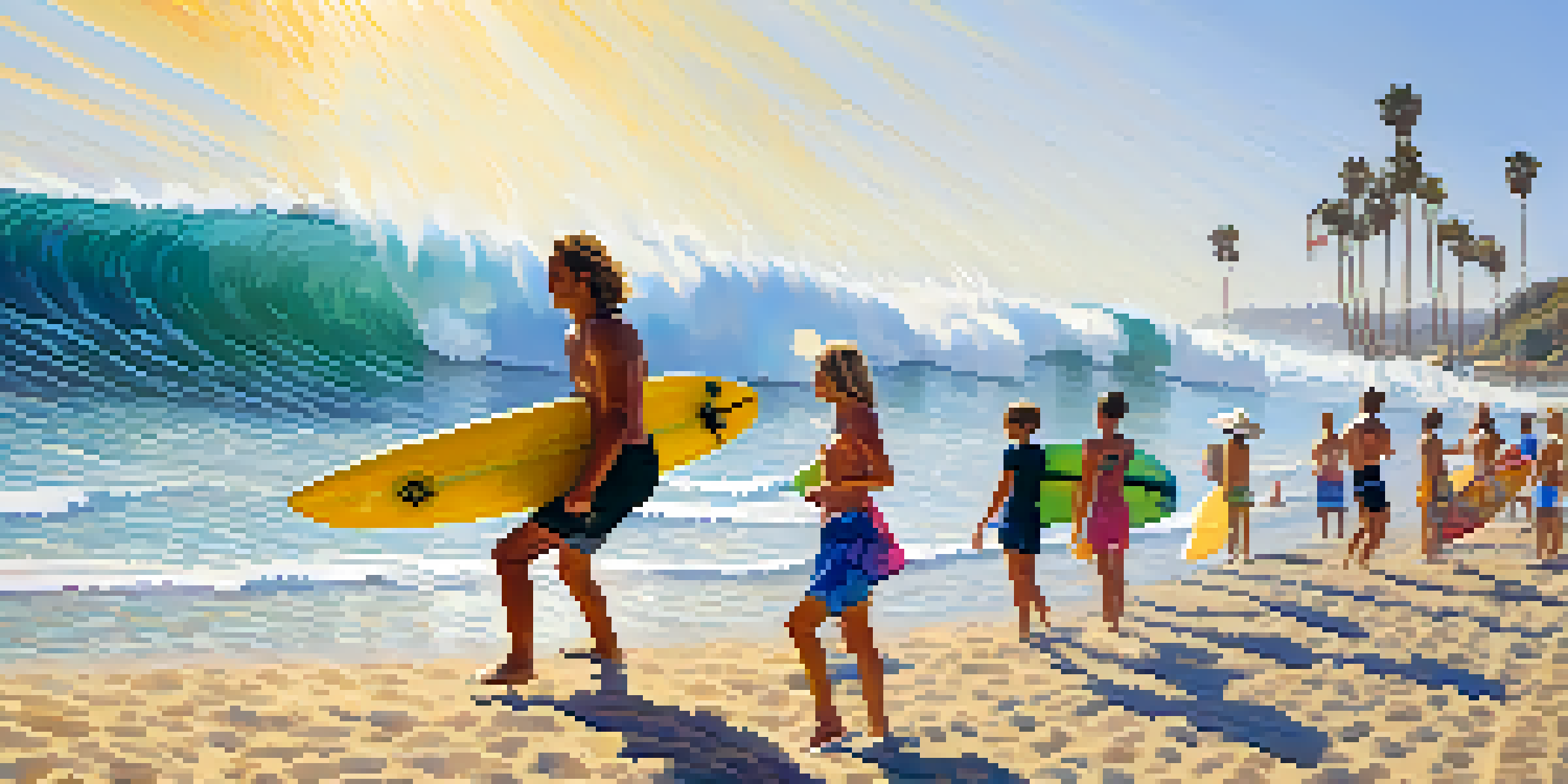 Surfers riding waves in Malibu, with a sunny beach scene and spectators in the background.
