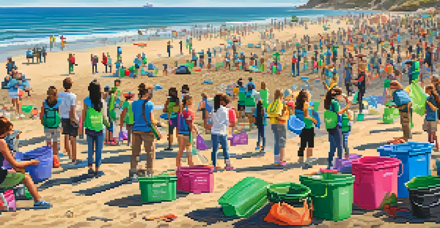 Volunteers of different ages participating in a beach clean-up event in Malibu with a banner in the background.