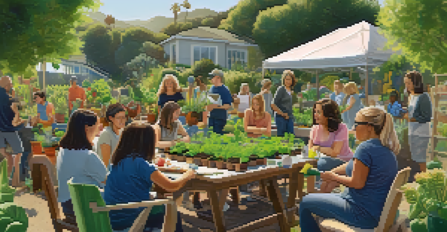 A community gardening workshop with diverse participants learning about sustainable practices in a beautiful garden setting.