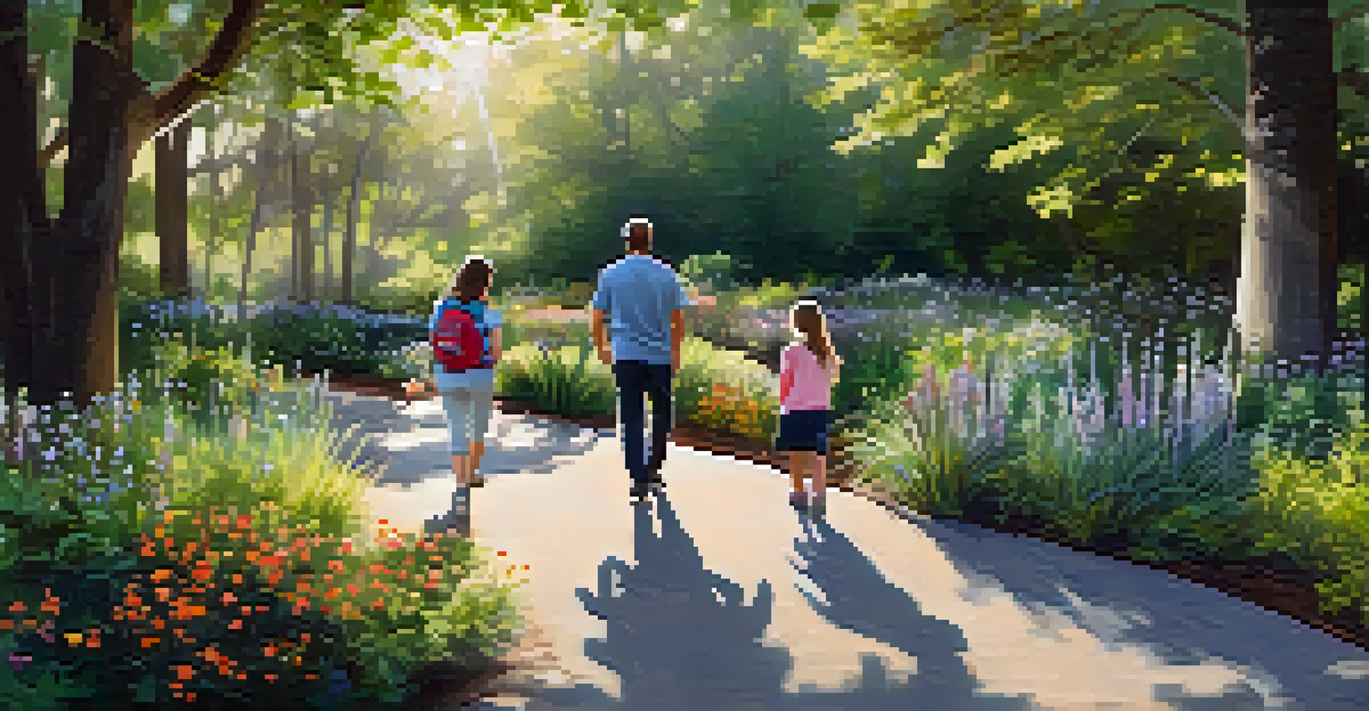 A family explores nature trails in Legacy Park surrounded by beautiful plants and sunlight.