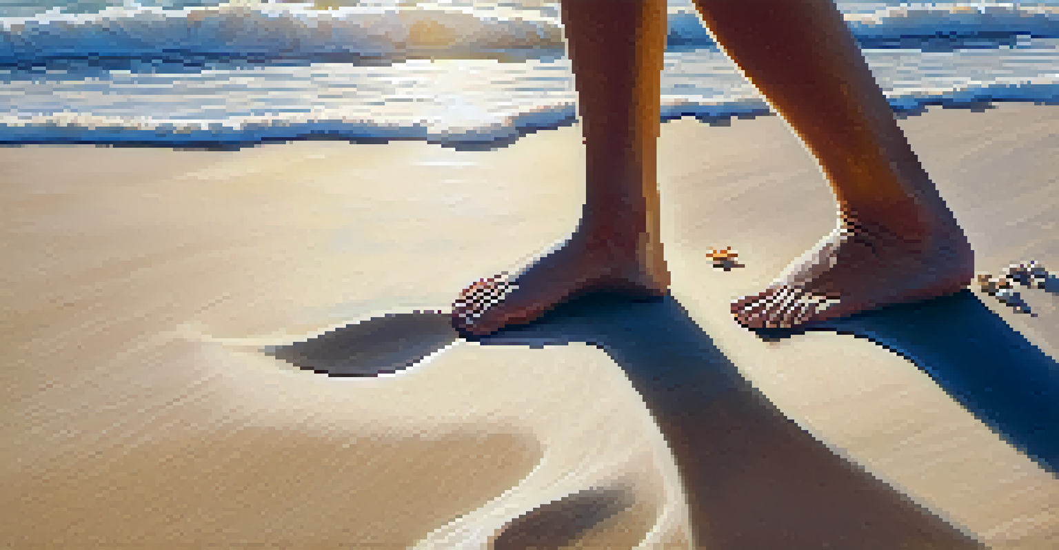 A close-up of a person practicing yoga on the beach with their feet in the sand and the ocean in the background.