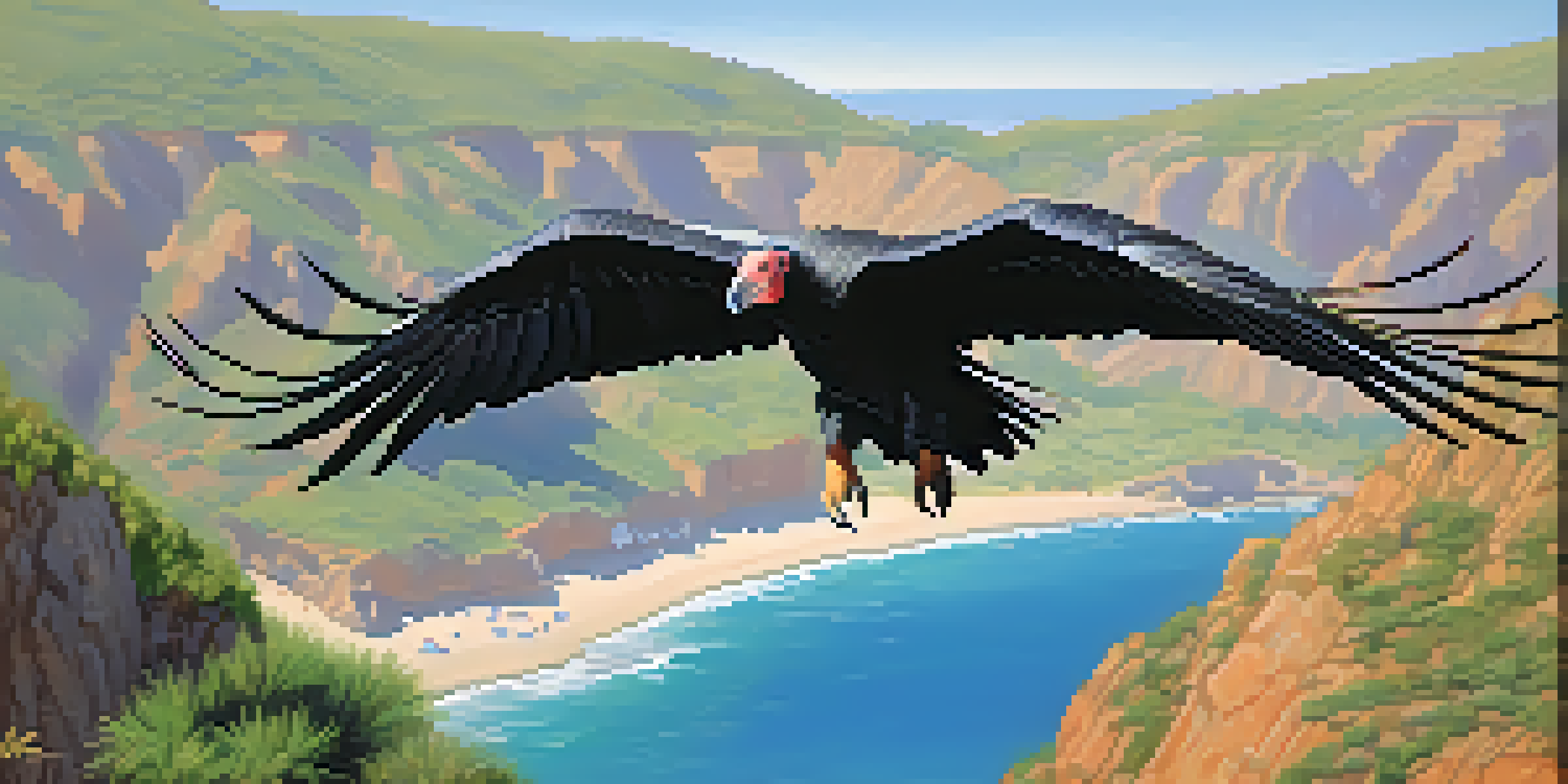 A California Condor flying over the cliffs of Malibu with the ocean in the background.